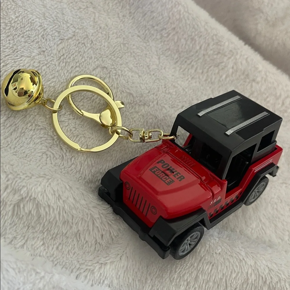 Red and Black Toy Jeep Keychain new with purse clip and bell charm